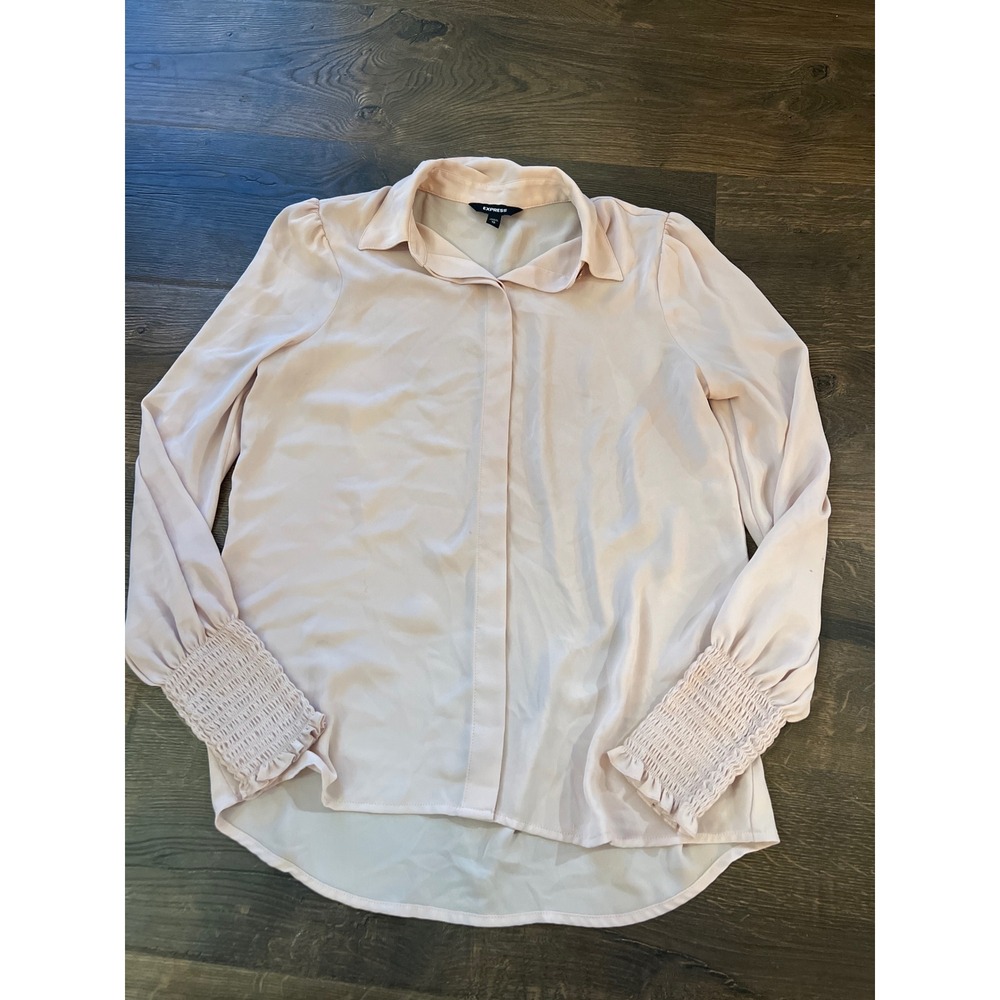 Express Womens Blush Pink Smocked Cuff‎ Button Down Blouse Top XS